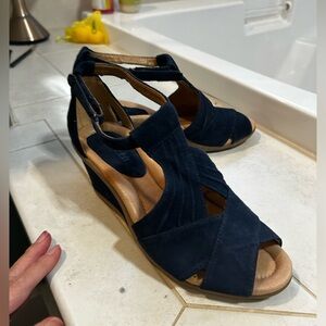 Earth Wedge leather sandal in a beautiful navy